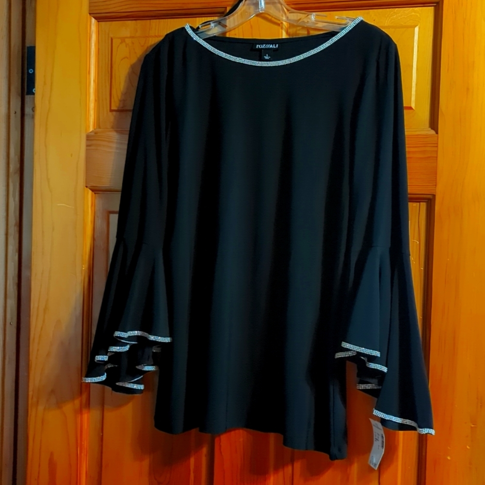 Holiday Black Top Black Silver Flare Wing Rhinestone Trim L